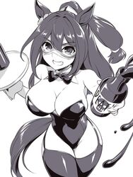  animal_ears bottle bow bowtie breasts cleavage cowboy_shot detached_collar domino_mask ear_scrunchie el_condor_pasa_(umamusume) female garter_straps greyscale grin horse_ears horse_girl horse_tail hot_sauce large_breasts leaning_forward leotard mask monochrome nontraditional_playboy_bunny pataneet smile solo strapless strapless_leotard tail thighhighs tray umamusume 