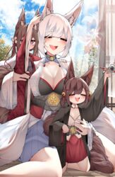  3girls =_= age_difference akagi-chan_(azur_lane) amagi-chan_(azur_lane) animal_ear_fluff animal_ears arm_up aunt_and_niece azur_lane bell black_choker black_kimono black_sash blue_skirt blue_sky blunt_bangs blush breasts brown_hair choker cleavage closed_eyes cloud cloudy_sky collar commentary dated_commentary detached_collar english_commentary floor flower fox_ears fox_girl hair_flower hair_ornament hand_in_another&#039;s_hair hand_on_another&#039;s_shoulder hand_on_another&#039;s_waist hand_up highres holding holding_toy japanese_clothes kaga_(azur_lane) kimono kneeling large_breasts long_hair motion_lines multiple_girls obi one-armed_hug open_mouth print_kimono purple_shirt red_kimono red_skirt samip sash shirt short_hair sitting sitting_between_lap skirt sky smile sweatdrop teeth toy toy_airplane tree upper_teeth_only white_collar white_hair white_kimono window 