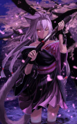  animal_ears arms_up choker closed_mouth female floating_hair grey_hair highres holding holding_sword holding_weapon katana long_hair looking_at_viewer mikisai no_tsuba one_eye_closed original red_eyes reverse_grip sheath solo sword unsheathing water weapon 