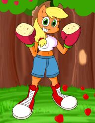  anthro apple apple_tree applejack_(mlp) boots bottomwear boxing boxing_gloves clothing cowboy_hat cutoffs denim denim_bottomwear denim_clothing detailed_background earth_pony equid equine female food footwear friendship_is_magic fruit fruit_tree gloves grass_field handwear hasbro hat headgear headwear hi_res horse looking_at_viewer mammal midriff my_little_pony outside plant pony red_clothing red_gloves red_handwear shirt shorts sneaker_boots solo sport standing tank_top topwear tree tree_bark zerohead133 