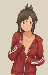  breasts brown_eyes brown_hair chagamaka female grey_background hair_ornament highres i-401_(kancolle) jacket kantai_collection looking_at_viewer naked_jacket open_clothes open_jacket ponytail red_jacket short_hair simple_background small_breasts solo track_jacket upper_body 