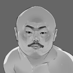  1boy bald check_commentary commentary_request facial_hair grey_background greyscale kuro-chan_(comedian) looking_at_viewer male_focus monochrome moustache parted_lips real_life sashizume_soutarou solo topless_male upper_body 