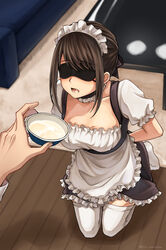  1boy arms_behind_back blindfold blurry bondage bound bound_wrists brown_hair choker commentary depth_of_field female food highres holding ice_cream kneeling maid maid_headdress original pov setu_kurokawa straight suggestive_fluid thighhighs white_legwear 