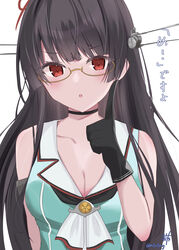  absurdres beret black_choker black_hair choker choukai_(kancolle) choukai_kai_ni_(kancolle) clenched_hand commentary_request female glasses green_hat green_shirt hat headgear highres kantai_collection long_hair looking_at_viewer one-hour_drawing_challenge red_eyes rimless_eyewear shirt simple_background sleeveless sleeveless_shirt solo upper_body white_background yoshino_(mfmfpng) 