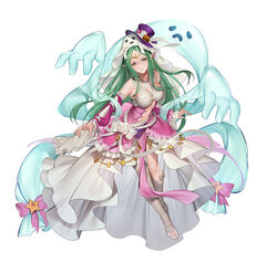  absurdres bandaged_arm bandaged_leg bandages bare_shoulders breasts commentary_request detached_sleeves dress female fire_emblem fire_emblem:_mystery_of_the_emblem fire_emblem_awakening fire_emblem_heroes frills full_body ghost green_eyes green_hair halloween halloween_costume hanusu hat highres jewelry long_dress long_hair looking_at_viewer medium_breasts naga_(fire_emblem) naga_(halloween)_(fire_emblem) navel official_art pale_skin pointy_ears sarashi shiny_skin stomach tiara toeless_legwear toes veil white_background wide_sleeves 