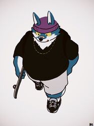  2021 absurd_res anthro backpack band-aid bandage black_nose bottomwear canid canine canis clothing hat headgear headwear hi_res kemono male mammal overweight overweight_male shirt shorts simple_background skateboard solo topwear uokkom vehicle wolf 