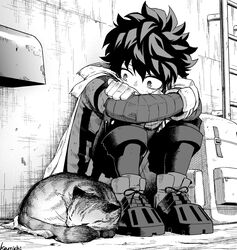  1boy animal backpack bag boku_no_hero_academia cape crossed_arms feline freckles greyscale kamichi_ka ladder male_focus midoriya_izuku monochrome outdoors shoes sitting sleeping sneakers 