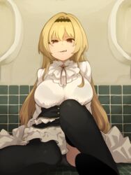  bathroom black_panties black_thighhighs blonde_hair bra_visible_through_clothes breasts brooch commentary_request commission dress female hairband highres idolmaster idolmaster_cinderella_girls jewelry kurosaki_chitose large_breasts long_hair oerba_yun_fang on_floor panties pantyshot red_eyes sitting skeb_commission solo takato_kurosuke thighhighs underwear urinal white_dress 