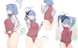  1boy absurdres adjusting_hair ahoge ako_(blue_archive) ako_(track)_(blue_archive) alreadyusedpai arms_behind_head arms_up ass blue_archive blue_eyes blue_hair blush breasts buruma commentary cowboy_shot doodle_sensei_(blue_archive) female gym_uniform highres jacket licking long_hair long_sleeves looking_at_viewer multiple_views official_alternate_costume ponytail red_buruma sensei_(blue_archive) short_hair simple_background sweat thighs track_jacket white_background 