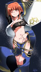  absurdres black_jacket black_tube_top blue_skirt breasts brown_eyes brown_hair cleavage commission cosplay crossover female gardenia_(pokemon) hair_behind_ear hand_fan hand_on_own_stomach highres hip_vent holding holding_fan hoshino_(pixiv12796893) jacket large_breasts midriff navel one_eye_closed pixiv_commission pokemon short_hair skirt solo strapless super_robot_wars super_robot_wars_og_saga_mugen_no_frontier suzuka_hime suzuka_hime_(cosplay) tube_top underboob 