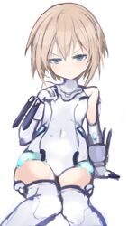  absurdres annoyed bare_shoulders bimmy blanc_(neptunia) blue_eyes blush brown_hair cosplay elbow_gloves feet_out_of_frame female gloves hair_between_eyes highres leotard looking_at_viewer neptune_(series) self_cosplay short_hair simple_background sitting solo white_background white_heart_(neptunia) white_heart_(neptunia)_(cosplay) 