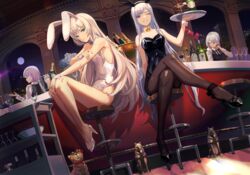  4girls ak-12_(girls&#039;_frontline) ak-15_(girls&#039;_frontline) alternate_costume an-94_(girls&#039;_frontline) animal_ears aqua_bow aqua_bowtie aqua_eyes arm_behind_back bar_(place) bar_stool bare_legs bare_shoulders bartender black_footwear black_hairband black_leotard black_necktie black_pantyhose black_vest blonde_hair bottle bow bowtie breasts cleavage closed_mouth cocktail_glass collarbone collared_shirt commission counter crossed_legs cup defy_(girls&#039;_frontline) detached_collar drinking_glass english_commentary fake_animal_ears feline full_body full_moon girls&#039;_frontline glass grey_hair hairband hand_on_own_arm hand_on_own_knee high_heels highleg highleg_leotard highres holding holding_tray ice_bucket jewelry legs leotard light_purple_hair long_hair long_sleeves looking_at_viewer looking_away medium_breasts medium_hair moon multiple_girls necktie niac night night_sky one_eye_closed open_mouth pantyhose parted_lips playboy_bunny purple_eyes rabbit_ears ring rpk-16_(girls&#039;_frontline) shirt short_hair sitting sky small_breasts smile standing stool strapless strapless_leotard teeth thighs traditional_bowtie tray very_long_hair vest white_footwear white_hair white_hairband white_leotard white_shirt white_wrist_cuffs wine_glass wrist_cuffs yellow_bow yellow_bowtie 