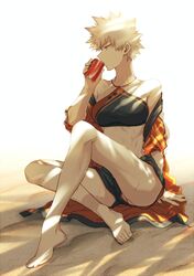  backlighting bakugou_katsuki bare_shoulders barefoot bikini bikini_top_only blonde_hair boku_no_hero_academia can coca-cola commentary_request crossed_legs drink drink_can drinking feet female genderswap_(mtf) hand_on_ground holding holding_can holding_drink maneki-neko_(fujifuji) midriff profile rule_63 sand sitting soda_can solo spiked_hair sweat swimsuit 