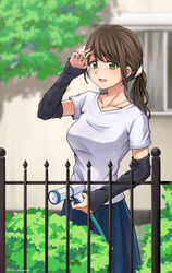  arm_warmers blurry brown_hair commentary_request depth_of_field detached_sleeves female fence green_eyes highres holding hose jewelry looking_at_viewer necklace original outdoors partial_commentary ponytail setu_kurokawa solo sweat 