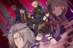  3boys 4girls badge black_gloves black_hair black_jacket black_legwear blonde_hair blue_eyes button_badge closed_mouth dress earrings eyes_visible_through_hair frills gloves gradient_hair grey_eyes grey_hair hair_between_eyes headgear headphones headphones_around_neck highres holding holding_sword holding_weapon hood hood_up horns jacket jewelry kamui:_bastion_(punishing:_gray_raven) kamui_(punishing:_gray_raven) karenina:_blast_(punishing:_gray_raven) karenina_(punishing:_gray_raven) lee:_palefire_(punishing:_gray_raven) lee_(punishing:_gray_raven) liv:_eclipse_(punishing:_gray_raven) liv_(punishing:_gray_raven) long_hair lucia:_dawn_(punishing:_gray_raven) lucia_(punishing:_gray_raven) mechanical_arms multicolored_hair multiple_boys multiple_girls nanami:_storm_(punishing:_gray_raven) nanami_(punishing:_gray_raven) oerba_yun_fang open_mouth orange_eyes parted_lips punishing:_gray_raven purple_eyes red_cucumber red_eyes red_hair single_mechanical_arm smoke sword torn_clothes torn_legwear twintails watanabe_(punishing:_gray_raven) weapon white_dress white_hair 