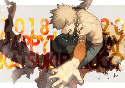  1boy bakugou_katsuki bead_necklace beads belt blonde_hair boku_no_hero_academia brown_belt burnt_clothes character_name detached_sleeves fire foreshortening grey_background happy_birthday jewelry looking_at_viewer male_focus maneki-neko_(fujifuji) multiple_necklaces necklace open_mouth red_eyes solo sparks spiked_hair teeth text_background topless_male 