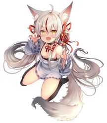  :d absurdres ahoge animal_ear_fluff animal_ears bare_shoulders bell black_thighhighs breasts breasts_out brown_eyes choker claw_pose clothes_writing collarbone commentary english_commentary fangs female fox_ears fox_tail full_body hair_bell hair_between_eyes hair_censor hair_ornament hair_ribbon highres indie_virtual_youtuber kamiko_kana long_hair looking_at_viewer multicolored_hair neck_bell nipple_slip nipples open_mouth over-kneehighs petite red_hair red_ribbon ribbon see-through shirt simple_background sitting skin_fangs sleeves_past_wrists small_breasts smile solo spaghetti_strap strap_slip streaked_hair tail thighhighs tress_ribbon very_long_hair virtual_youtuber white_background white_hair xephonia 