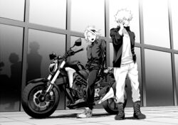  2boys bakugou_katsuki boku_no_hero_academia boots greyscale holding holding_phone jacket kaminari_denki looking_at_another male_focus maneki-neko_(fujifuji) monochrome motor_vehicle motorcycle multiple_boys on_motorcycle open_mouth phone shirt sitting spiked_hair talking_on_phone v-neck 