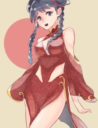  adapted_costume blue_eyes blue_hair braid breasts choujikuu_yousai_macross cleavage_cutout clothing_cutout double_bun dress female hair_bun highres looking_at_viewer lynn_minmay macross medium_breasts open_mouth red_dress shoulder_cutout sleeves_past_wrists solo twin_braids vinton 