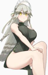  absurdres allen.n alternate_costume arknights bare_arms bare_shoulders black_dress blush breast_suppress breasts china_dress chinese_clothes closed_mouth commentary_request dress expressionless fartooth_(arknights) feet_out_of_frame female grey_background grey_hair hair_between_eyes hand_on_own_knee high_collar highres invisible_chair large_breasts long_hair looking_at_viewer partial_commentary side_slit simple_background sitting sleeveless sleeveless_dress solo yellow_eyes 