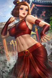  1girls abs action_pose alternate_breast_size arm_sleeves armbands armpits auburn_hair avatar_the_last_airbender bare_shoulders big_breasts blue_eyes clothed clothed_female clothes clothing color colored earthbending female female_focus female_only fighting_stance fit fit_female fully_clothed halter_top hourglass_figure large_breasts lipstick long_hair messy_hair midriff neoartcore nonbender shoulder_length_hair sideboob solo solo_female solo_focus suki sweat tight_clothing topknot village wide_hips 