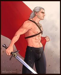  1boy bare_chest bulge cd_projekt_red covered_penis geralt_of_rivia gray_hair long_hair long_hair_male male_only no_shirt pants sayuri527art scars sword tagme the_witcher the_witcher_(series) the_witcher_2 the_witcher_3:_wild_hunt 