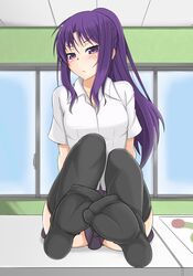  :&lt; alfort_(may0508) black_thighhighs breasts closed_mouth commentary_request d-frag! feet female karasuyama_chitose long_hair looking_at_viewer no_shoes ponytail purple_eyes purple_hair purple_skirt skirt small_breasts solo thighhighs v-shaped_eyebrows 