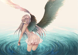  angel ass chains commentary_request cuffs dress female green_eyes lens_flare long_hair looking_back original parted_lips ryouku see-through shackles silver_hair solo standing wading water wet wet_clothes wet_dress white_dress white_wings wings 