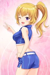  ;d absurdres alternative_girls ass bare_shoulders belt blonde_hair blue_jacket blue_shorts blush commentary_request crop_top female hair_between_eyes hand_on_own_hip high_side_ponytail highres jacket long_hair looking_at_viewer midriff mizushima_airi official_art one_eye_closed open_mouth pink_background purple_eyes race_queen shorts side_ponytail simple_background smile solo standing v 