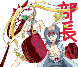  1boy abs ball bare_shoulders blonde_hair blue_eyes boxing_gloves boxing_headgear commentary_request female fukuroda_takaharu green_eyes hakodate_omiko height_difference jacket kill_la_kill long_hair open_clothes open_jacket oversized_object pinky_out racket scope sharp_teeth shorts skirt sunano_sasori teeth tennis_ball tennis_racket twintails visor_cap 