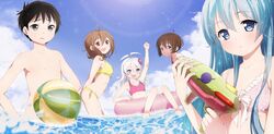  1boy 4girls ahoge antenna_hair bad_id bad_pixiv_id ball barefoot beachball bikini black_eyes black_hair blue_eyes blue_hair blush braid brown_eyes brown_hair cloud day denpa_onna_to_seishun_otoko feet hair_ornament highres hoshimiya_yashiro long_hair maekawa mifune_ryuuko multiple_girls niwa_makoto outdoors short_hair side-tie_bikini_bottom sky smile soles swimsuit toes touwa_erio water water_gun weyowang white_hair 