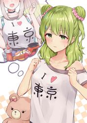  2girls :d absurdres black_choker blush bow choker closed_mouth collarbone commentary double_bun elu_(1st_costume)_(nijisanji) elu_(nijisanji) food green_eyes green_hair hair_bun hair_ornament hair_scrunchie hairclip hands_up head_out_of_frame highres i_heart... lantern long_hair medium_hair morinaka_kazaki multiple_girls nijisanji off_shoulder open_mouth paper_lantern pink_bow pink_scrunchie racchi. red_bow scrunchie shirt short_sleeves single_bare_shoulder smile solo_focus strap stuffed_animal stuffed_toy sushi sweatdrop t-shirt teddy_bear thought_bubble tokyo_tower upper_body virtual_youtuber white_background white_hair white_shirt 