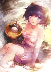  bare_shoulders bird blue_eyes blue_hair blush breasts bucket collarbone commentary_request ek_masato female hair_bun looking_at_viewer medium_breasts naked_towel onsen parted_lips partially_submerged photoshop_(medium) shironeko_project single_hair_bun sitting solo towa_(shironeko_project) towel towel_on_head wooden_bucket 