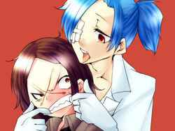  +_+ 2girls :p bad_id bad_pixiv_id blue_hair brown_hair carol_(skullgirls) eyepatch gloves long_hair mouth_pull multiple_girls nikki_kyousuke no_headwear no_mask painwheel_(skullgirls) ponytail red_eyes scar short_hair skullgirls stitches teasing tongue tongue_out valentine_(skullgirls) white_gloves 