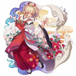  bad_id bad_pixiv_id blonde_hair eclosion female floral_print flower hair_ribbon highres inari_konkon_koi_iroha. japanese_clothes lips long_hair miko ponytail ribbon roro_(inakon) sandals shishi_(inakon) simple_background tabi tress_ribbon uka-no-mitama-no-kami_(inakon) white_background yellow_eyes zouri 