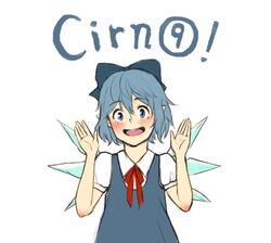  :d blouse blue_dress blue_eyes blue_hair blush bow character_name circled_9 cirno commentary_request dress fairy female grin hairbow open_mouth paigeling pointy_ears puffy_short_sleeves puffy_sleeves shirt short_hair short_sleeves smile solo text_focus touhou white_background wings 