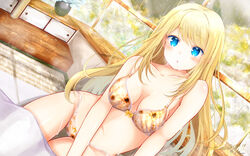  blonde_hair blue_eyes blush bra breasts chloe_lemaire cleavage collarbone commentary_request female floating_hair floral_print girlfriend_(kari) highres lens_flare long_hair looking_at_viewer masa_(mirage77) medium_breasts open_mouth panties rain shiny_skin solo swept_bangs under_covers underwear underwear_only very_long_hair wet yellow_bra yellow_panties 