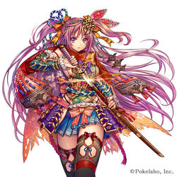  aqua_flower armor beads black_thighhighs blue_armor blue_hairband blue_skirt bow breasts cape closed_mouth commentary_request company_name detached_sleeves female fingernails floating_hair floral_print gem glint hair_between_eyes hair_ribbon hairband hairbow hip_vent holding holding_sheath holding_sword holding_weapon japanese_armor katana kusazuri long_hair looking_at_viewer madogawa medium_breasts multicolored_cape multicolored_clothes obi official_art orange_bow orange_cape orange_ribbon photoshop_(medium) pink_bow print_bow print_cape purple_armor purple_bow purple_cape purple_eyes purple_hair red_scarf ribbon ribbon-trimmed_legwear ribbon_trim rope sash scabbard scarf sengoku_gensoukyoku serious sheath shimenawa sideboob sidelocks simple_background skirt solo standing sword thighhighs torn_cape torn_clothes two_side_up unsheathing v-shaped_eyebrows vambraces very_long_hair walking weapon white_background wind zettai_ryouiki 