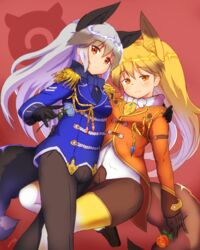  2girls :3 adapted_costume animal_ears blue_bow blue_bowtie blue_flower blue_rose bow bowtie coattails collared_shirt commentary epaulettes ezo_red_fox_(kemono_friends) flower fox_ears fox_tail frills gloves grey_hair hand_on_another&#039;s_shoulder hand_on_another&#039;s_waist highres kemono_friends long_hair long_sleeves multicolored_hair multiple_girls necktie ooba_jun orange_hair pants pantyhose red_flower red_rose rose shirt shoujo_kakumei_utena silver_fox_(kemono_friends) tail 