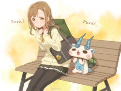  abbreviated_karakusa bag bench blush brown_eyes brown_hair cardigan commentary_request crossover female furoshiki furoshiki_around_neck komasan kunikida_hanamaru long_hair love_live! love_live!_sunshine!! pantyhose park_bench school_uniform serafuku sitting skirt smile tomiwo trait_connection uranohoshi_school_uniform youkai_(youkai_watch) youkai_watch zura_(phrase) 