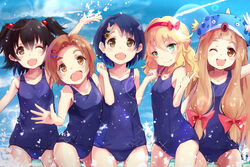  5girls :d ;d akagi_miria animal_hat black_hair blonde_hair blue_hair brown_eyes brown_hair commentary_request fish flower green_eyes hair_bobbles hair_flower hair_ornament hairband hairclip hashibuto hat ichihara_nina idolmaster idolmaster_cinderella_girls index_finger_raised l.m.b.g_(idolmaster) long_hair multiple_girls old_school_swimsuit one-piece_swimsuit one_eye_closed open_mouth pink_hairband rabbit_hair_ornament ryuzaki_kaoru sakurai_momoka sasaki_chie school_swimsuit short_hair smile splashing swimsuit two_side_up water 