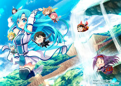  2boys 6+girls asuna_(sao) asuna_(sao-alo) blue_eyes blue_hair blue_wings boots chibi commentary_request dutch_angle energy energy_wings fairy fairy_wings flying kirito kirito_(sao-alo) klein_(sao) klein_(sao-alo) leafa lisbeth_(sao) lisbeth_(sao-alo) long_hair magic mini_person miniboy minigirl multiple_boys multiple_girls pointy_ears silica silica_(sao-alo) sinon sinon_(sao-alo) sword_art_online thighhighs tougo water waterfall white_footwear wings yui_(sao) yui_(sao-alo) yuuki_(sao) 