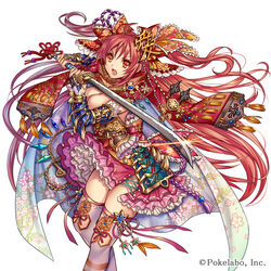  ahoge arm_up armor beads blue_armor blue_cape bow breasts bridal_gauntlets cape cleavage commentary_request company_name cross-laced_clothes detached_sleeves female fighting_stance fingernails floating_hair floral_print gem glint hair_between_eyes hair_ribbon hairbow holding holding_sword holding_weapon japanese_armor katana kusazuri long_hair looking_at_viewer madogawa medium_breasts multicolored_cape multicolored_clothes obi official_art open_mouth orange_eyes petticoat photoshop_(medium) pink_ribbon pink_skirt print_bow print_cape purple_cape red_bow red_hair red_ribbon red_scarf ribbon ribbon-trimmed_legwear ribbon-trimmed_skirt ribbon_trim rope sash scarf sengoku_gensoukyoku serious shimenawa sidelocks simple_background skirt solo standing sword tassel thighhighs two-handed two_side_up v-shaped_eyebrows vambraces very_long_hair weapon white_background white_cape white_thighhighs wind zettai_ryouiki 