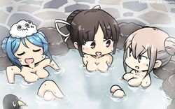  3girls :d alternate_hairstyle black_hair breasts brown_eyes cleavage closed_eyes commentary_request crossed_legs dated double_bun failure_penguin floating_breasts from_above graf_zeppelin_(kancolle) hair_bun hamu_koutarou highres hiyou_(kancolle) kantai_collection large_breasts light_brown_hair miss_cloud multiple_girls nude on_head onsen open_mouth partially_submerged same-sex_bathing shared_bathing single_hair_bun smile urakaze_(kancolle) 