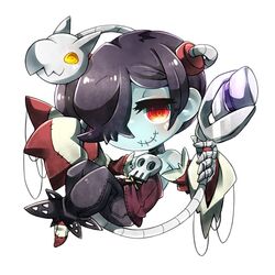  bare_shoulders blue_skin chibi detached_sleeves dress female female hair_over_one_eye leviathan_(skullgirls) long_dress long_skirt parasite red_eyes rin10 side_ponytail skirt skullgirls smile solo squigly_(skullgirls) stitched_mouth stitches striped zombie 