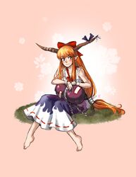  barefoot blush bow chains commentary_request cuffs dress female gourd grass hairbow highres horn_bow horn_ornament horns ibuki_suika long_hair looking_at_viewer low-tied_long_hair oni orange_eyes orange_hair paigeling pointy_ears ponytail shackles sidelocks sitting smile solo touhou very_long_hair wrist_cuffs 