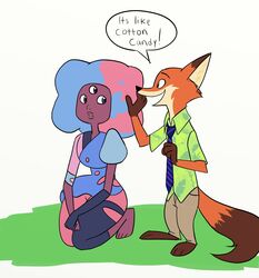  2017 3_toes 4_fingers alien alien_humanoid anthro barefoot blue_hair bottomwear brown_body brown_fur canid canine cartoon_network clothed clothing crossover dipstick_ears dipstick_tail disney dress duo ear_markings english_text feet female fingers fox fur fusion garnet_(gem_species) garnet_(steven_universe) gem_(species) gem_fusion gloves_(marking) green_eyes hair hi_res humanoid kneeling looking_back male mammal markings monster_girl_(genre) multi_eye multicolored_body multicolored_ears multicolored_fur multicolored_hair multicolored_tail necktie nick_wilde open_mouth orange_body orange_fur pants pink_hair purple_eyes red_eyes red_fox shirt simple_background skelly_doll speech_bubble standing steven_universe tail tail_markings text toes topwear true_fox two_tone_body two_tone_fur two_tone_hair zootopia 