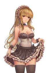  angelica_(brown_dust) bare_arms bare_shoulders black_choker black_dress blonde_hair blunt_bangs blush breasts brown_dust brown_thighhighs choker cleavage closed_mouth commentary_request cowboy_shot dress female frilled_choker frilled_cuffs frilled_dress frills head_tilt highres lace lace-trimmed_dress lace_trim legs_apart long_hair looking_at_viewer maid maid_headdress medium_breasts photoshop_(medium) red_eyes sidelocks simple_background skirt_hold solo standing striped thighhighs white_background wrist_cuffs yougenko 