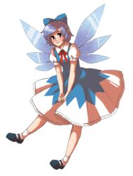  blue_eyes blue_hair bow cirno dress fairy fairy_wings female hairbow highres looking_at_viewer mary_janes paigeling pointy_ears puffy_short_sleeves puffy_sleeves shoes short_hair short_sleeves smile socks solo touhou transparent_background wings 