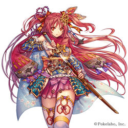  armor beads blue_armor blue_cape blue_flower bow breasts cape closed_mouth commentary_request company_name detached_sleeves female fingernails floating_hair floral_print flower gem glint hair_between_eyes hair_ribbon hairbow hip_vent holding holding_sheath holding_sword holding_weapon japanese_armor katana kusazuri long_hair looking_at_viewer madogawa medium_breasts obi official_art orange_eyes photoshop_(medium) pink_bow pink_skirt print_bow print_cape red_bow red_hair red_ribbon red_scarf ribbon ribbon-trimmed_legwear ribbon_trim rope sash scabbard scarf sengoku_gensoukyoku serious sheath shimenawa sideboob sidelocks simple_background skirt solo standing sword thighhighs two_side_up unsheathing v-shaped_eyebrows vambraces very_long_hair walking weapon white_background white_thighhighs wind zettai_ryouiki 